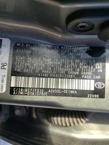 Photo 10 from auction – 2012 TOYOTA CAMRY BASE with VIN 4T4BF1FKXCR222081