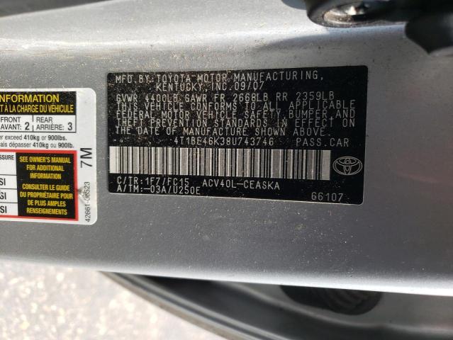 Photo 10 from auction – 2008 TOYOTA CAMRY CE with VIN 4T1BE46K38U743746