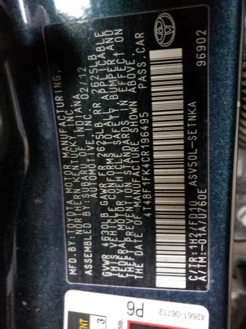 Photo 10 from auction – 2012 TOYOTA CAMRY BASE with VIN 4T4BF1FK4CR196495