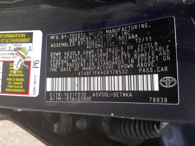 Photo 10 from auction – 2012 TOYOTA CAMRY BASE with VIN 4T4BF1FK4CR178532