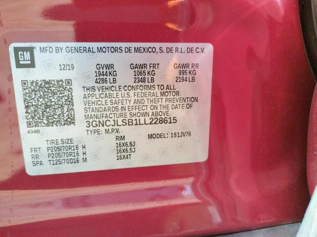 Photo 10 from auction – 2020 CHEVROLET TRAX 1LT with VIN 3GNCJLSB1LL228615