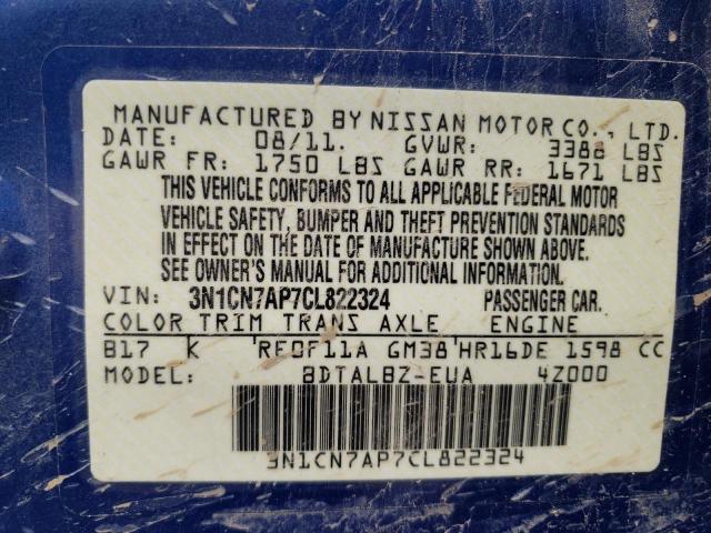 Photo 10 from auction – 2012 NISSAN VERSA S with VIN 3N1CN7AP7CL822324