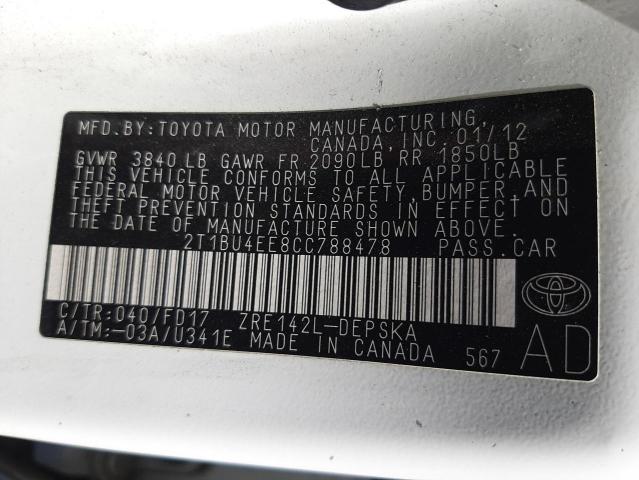 Photo 10 from auction – 2012 TOYOTA COROLLA BA with VIN 2T1BU4EE8CC788478