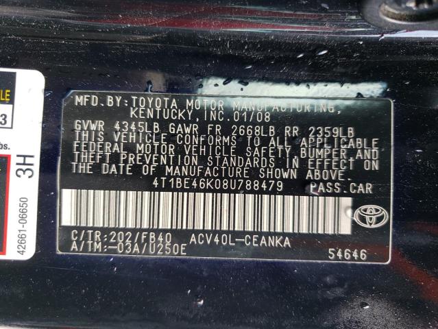 Photo 10 from auction – 2008 TOYOTA CAMRY CE with VIN 4T1BE46K08U788479