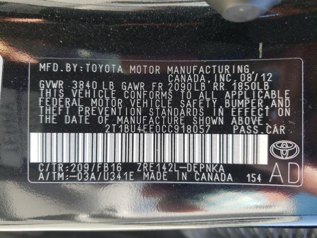 Photo 10 from auction – 2012 TOYOTA COROLLA BA with VIN 2T1BU4EE0CC918057