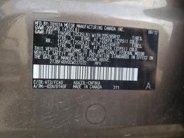 Photo 10 from auction – 2012 TOYOTA RAV4 with VIN 2T3BF4DV0CW227032