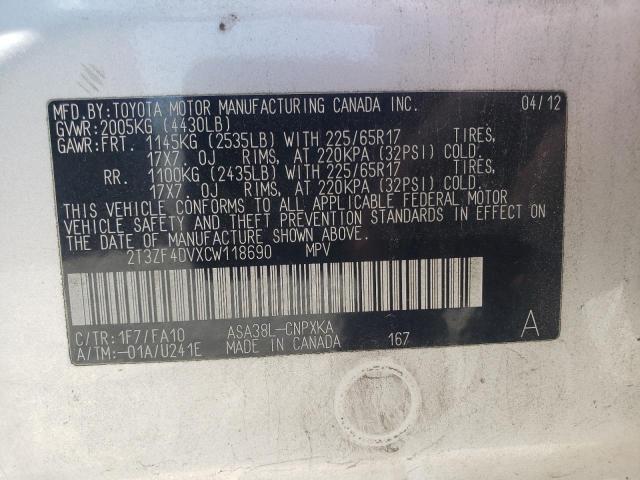 Photo 10 from auction – 2012 TOYOTA RAV4 with VIN 2T3ZF4DVXCW118690