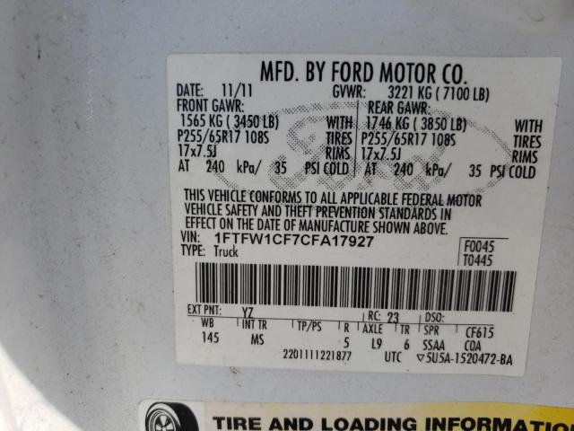 Photo 10 from auction – 2012 FORD F150 SUPER with VIN 1FTFW1CF7CFA17927
