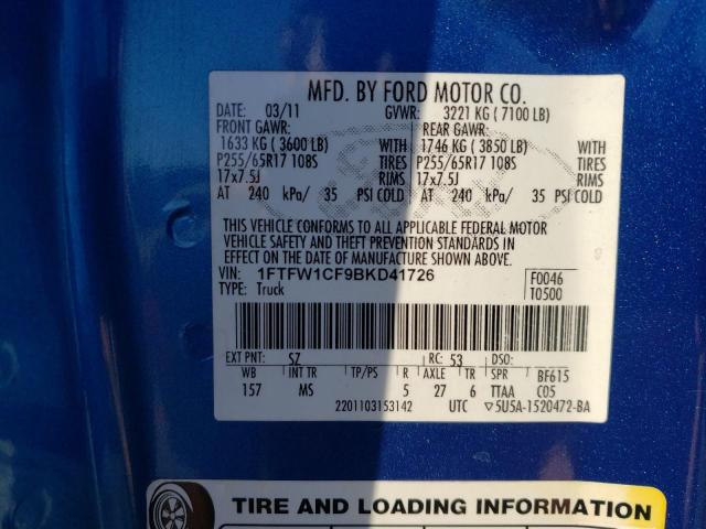 Photo 10 from auction – 2011 FORD F150 SUPER with VIN 1FTFW1CF9BKD41726