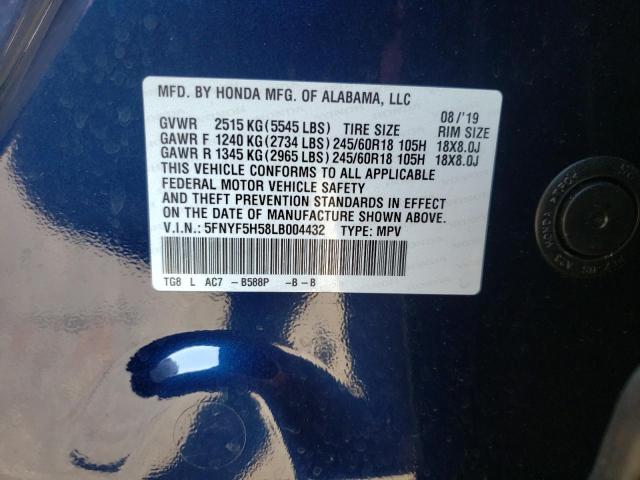 Photo 10 from auction – 2020 HONDA PILOT EXL with VIN 5FNYF5H58LB004432
