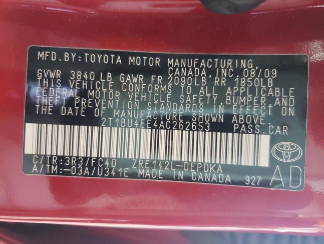 Photo 10 from auction – 2010 TOYOTA COROLLA BA with VIN 2T1BU4EE4AC262653