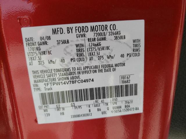 Photo 10 from auction – 2008 FORD F150 SUPER with VIN 1FTPW14V78FC04974