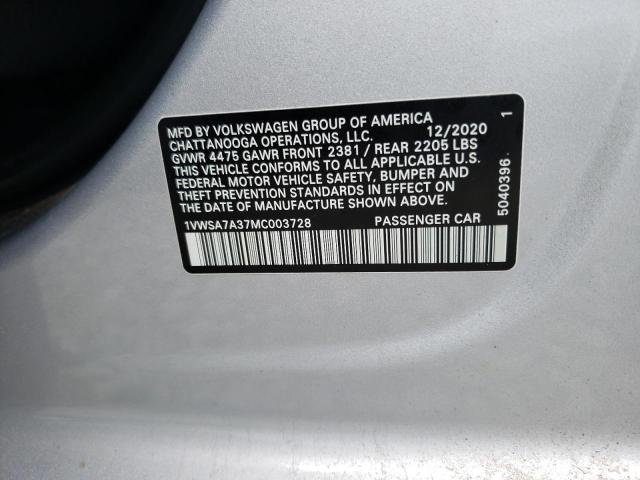 Photo 9 from auction – 2021 VOLKSWAGEN PASSAT SE with VIN 1VWSA7A37MC003728