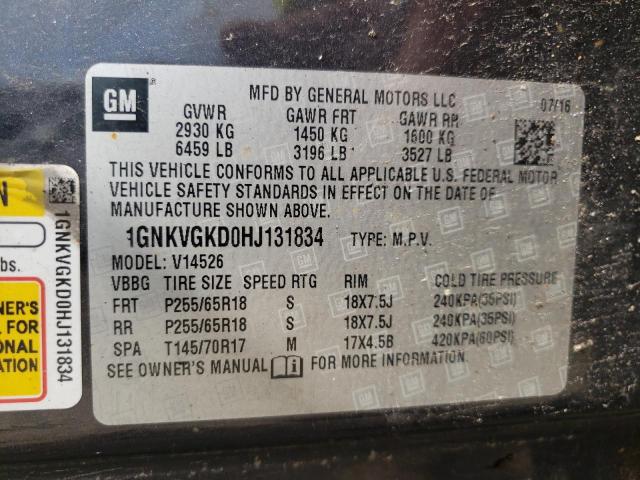 Photo 10 from auction – 2017 CHEVROLET TRAVERSE L with VIN 1GNKVGKD0HJ131834