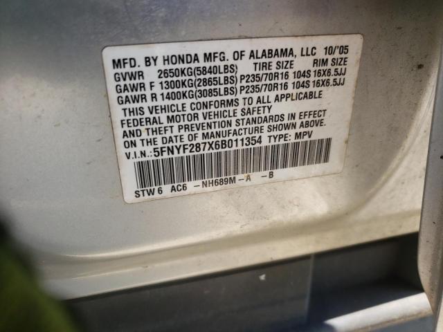 Photo 10 from auction – 2006 HONDA PILOT EX with VIN 5FNYF287X6B011354