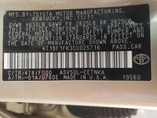Photo 10 from auction – 2012 TOYOTA CAMRY BASE with VIN 4T1BF1FK3CU025716