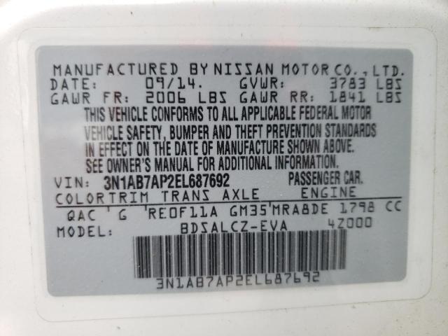 Photo 10 from auction – 2014 NISSAN SENTRA S with VIN 3N1AB7AP2EL687692