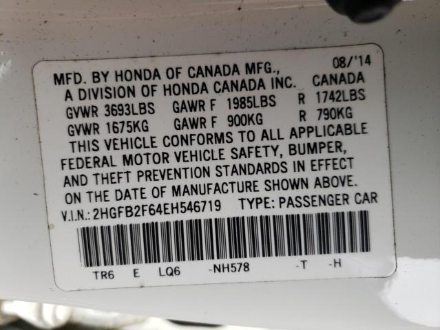 Photo 10 from auction – 2014 HONDA CIVIC HF with VIN 2HGFB2F64EH546719