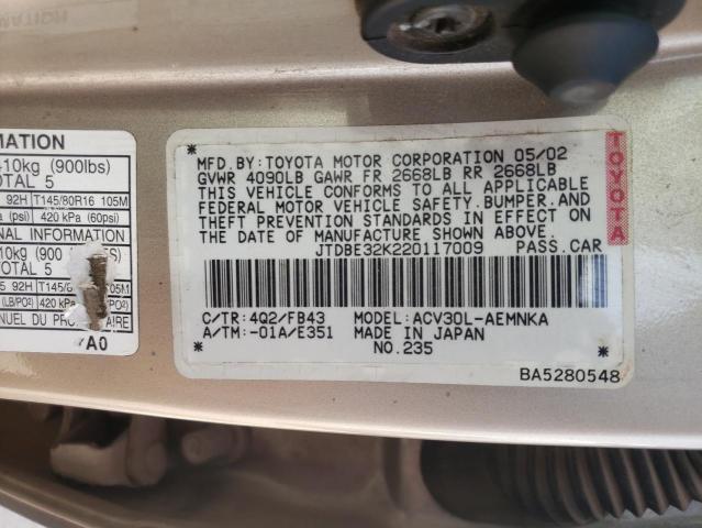 Photo 10 from auction – 2002 TOYOTA CAMRY LE with VIN JTDBE32K220117009