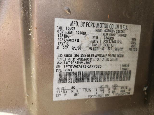 Photo 10 from auction – 2003 FORD F150 SUPER with VIN 1FTRW07693KA77085