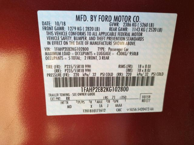 Photo 10 from auction – 2019 FORD TAURUS SEL with VIN 1FAHP2E82KG102800