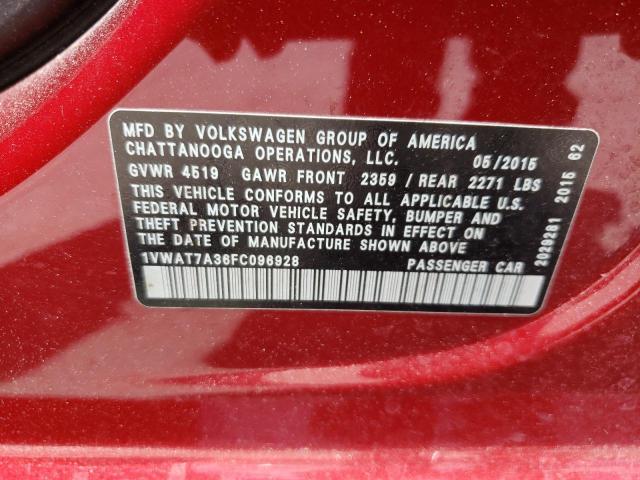 Photo 10 from auction – 2015 VOLKSWAGEN PASSAT S with VIN 1VWAT7A36FC096928