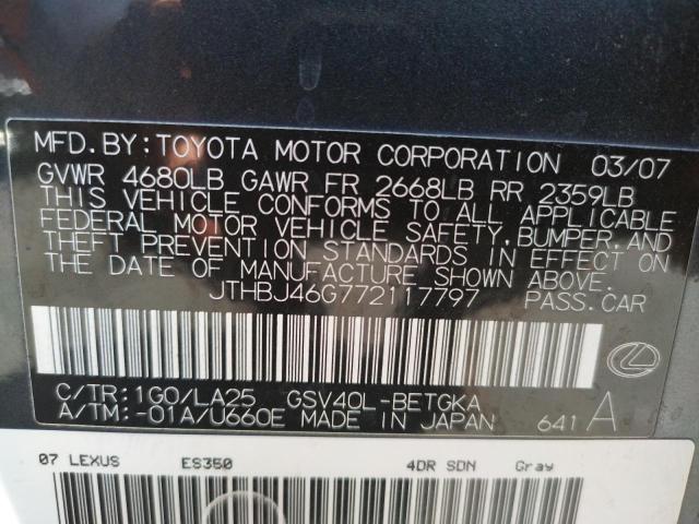 Photo 10 from auction – 2007 LEXUS ES 350 with VIN JTHBJ46G772117797