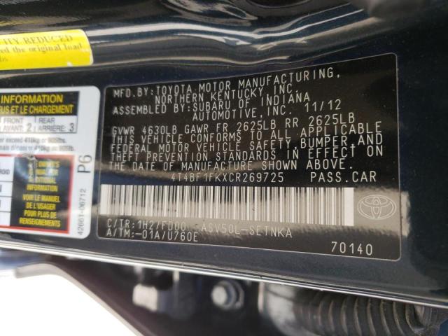 Photo 10 from auction – 2012 TOYOTA CAMRY BASE with VIN 4T4BF1FKXCR269725