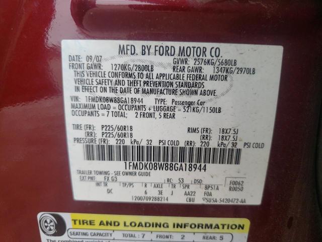 Photo 10 from auction – 2008 FORD TAURUS X E with VIN 1FMDK08W88GA18944