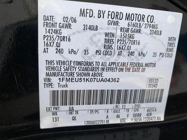 Photo 10 from auction – 2007 FORD EXPLORER S with VIN 1FMEU51K07UA04362