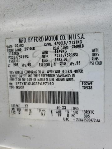 Photo 10 from auction – 2003 FORD RANGER with VIN 1FTYR10U03PA97150