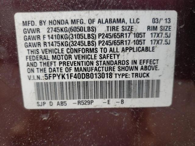 Photo 10 from auction – 2013 HONDA RIDGELINE with VIN 5FPYK1F40DB013018