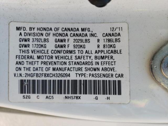 Photo 10 from auction – 2012 HONDA CIVIC EX with VIN 2HGFB2F8XCH326094