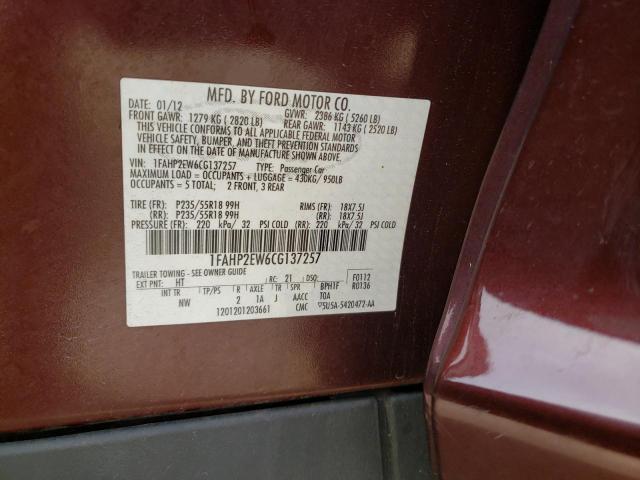 Photo 10 from auction – 2012 FORD TAURUS SEL with VIN 1FAHP2EW6CG137257