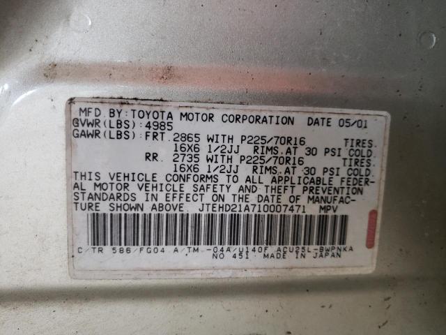 Photo 10 from auction – 2001 TOYOTA HIGHLANDER with VIN JTEHD21A710007471