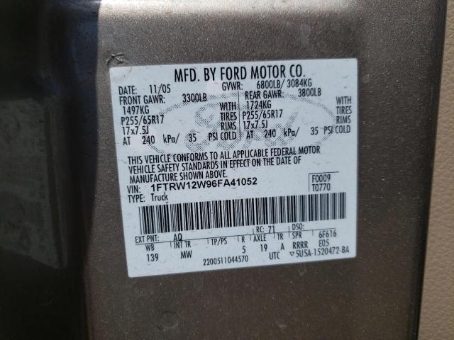 Photo 10 from auction – 2006 FORD F150 SUPER with VIN 1FTRW12W96FA41052
