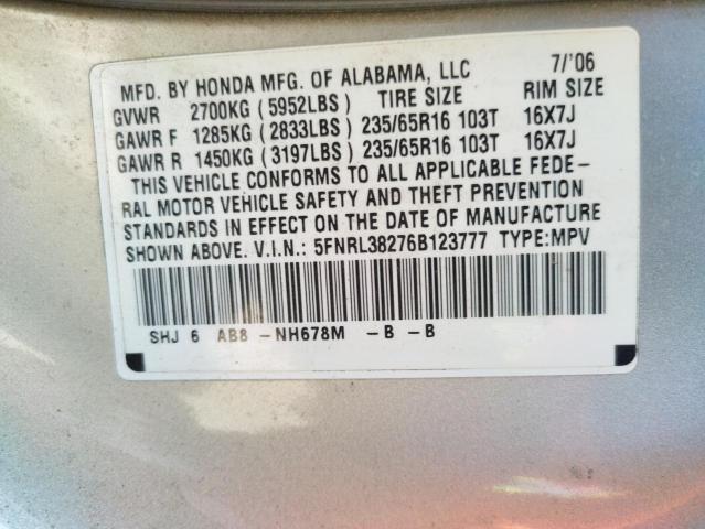 Photo 10 from auction – 2006 HONDA ODYSSEY LX with VIN 5FNRL38276B123777