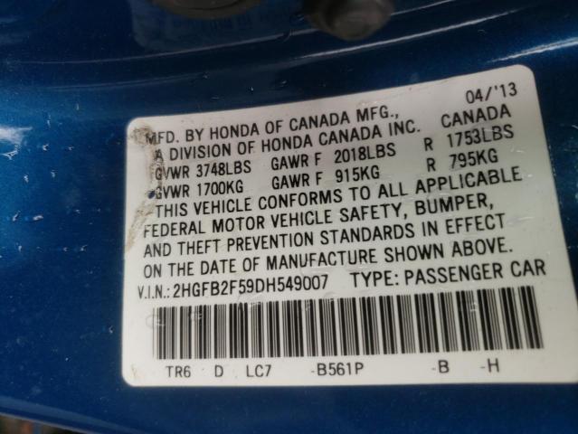 Photo 10 from auction – 2013 HONDA CIVIC LX with VIN 2HGFB2F59DH549007