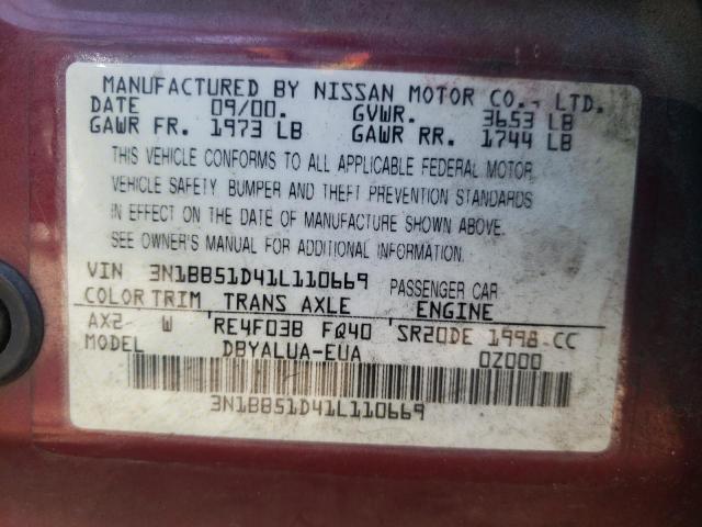 Photo 10 from auction – 2001 NISSAN SENTRA SE with VIN 3N1BB51D41L110669