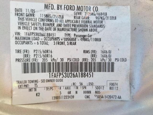 Photo 10 from auction – 2006 FORD TAURUS SE with VIN 1FAFP53U26A188451
