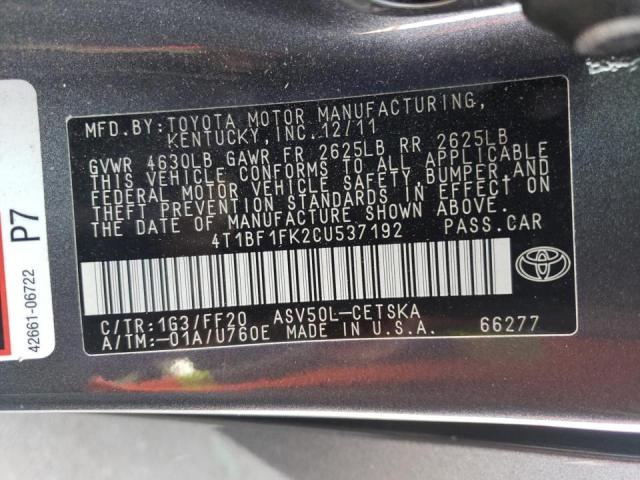 Photo 10 from auction – 2012 TOYOTA CAMRY with VIN 4T1BF1FK2CU537192