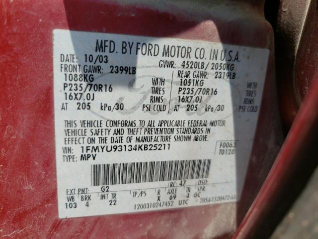 Photo 10 from auction – 2004 FORD ESCAPE XLT with VIN 1FMYU93134KB25211