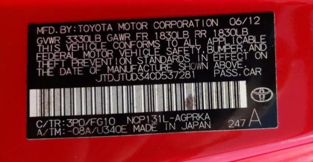 Photo 10 from auction – 2012 TOYOTA YARIS with VIN JTDJTUD34CD537281