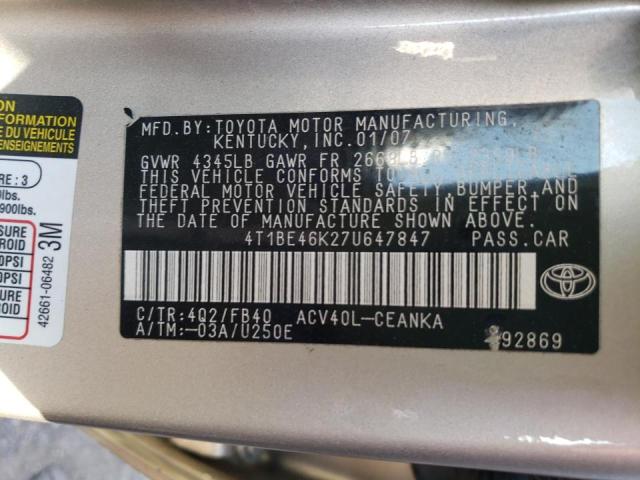 Photo 10 from auction – 2007 TOYOTA CAMRY CE with VIN 4T1BE46K27U647847