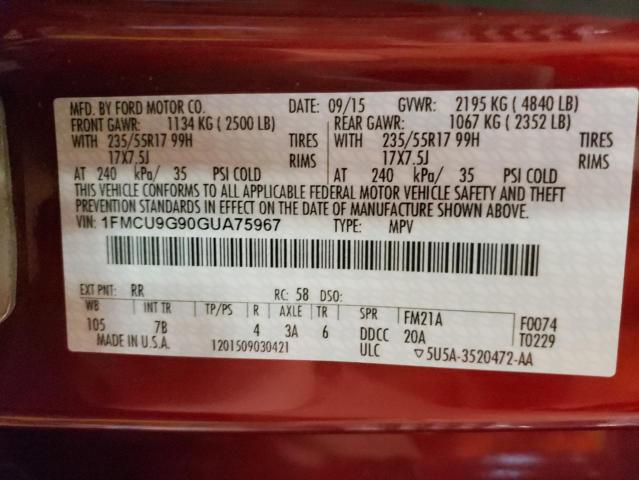 Photo 10 from auction – 2016 FORD ESCAPE SE with VIN 1FMCU9G90GUA75967
