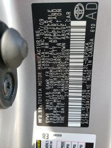 Photo 10 from auction – 2009 TOYOTA COROLLA BA with VIN 2T1BU40E39C179668