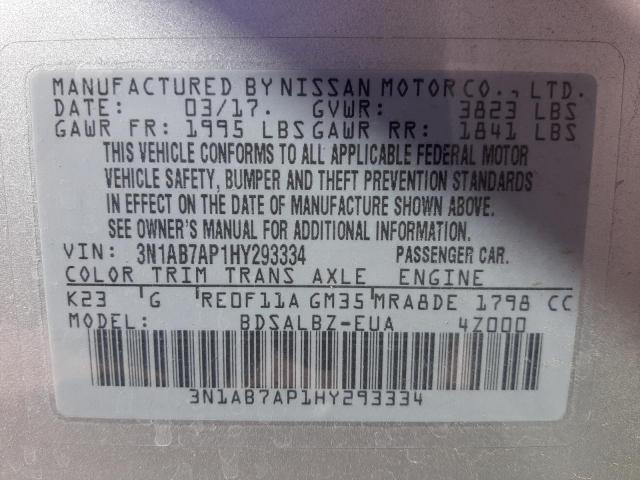 Photo 10 from auction – 2017 NISSAN SENTRA S with VIN 3N1AB7AP1HY293334