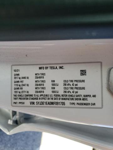 Photo 10 from auction – 2021 TESLA MODEL 3 with VIN 5YJ3E1EA0MF091705