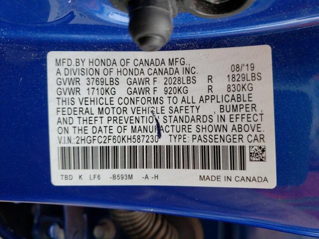 Photo 10 from auction – 2019 HONDA CIVIC LX with VIN 2HGFC2F60KH587230