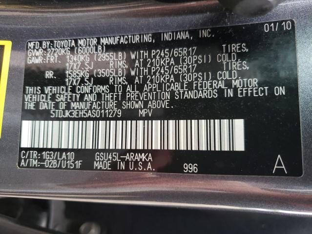 Photo 10 from auction – 2010 TOYOTA HIGHLANDER with VIN 5TDJK3EH5AS011279
